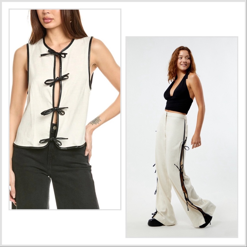 NEW Two Piece WeWoreWhat Linen Blend Tie Wide Leg Pant and Vest SET